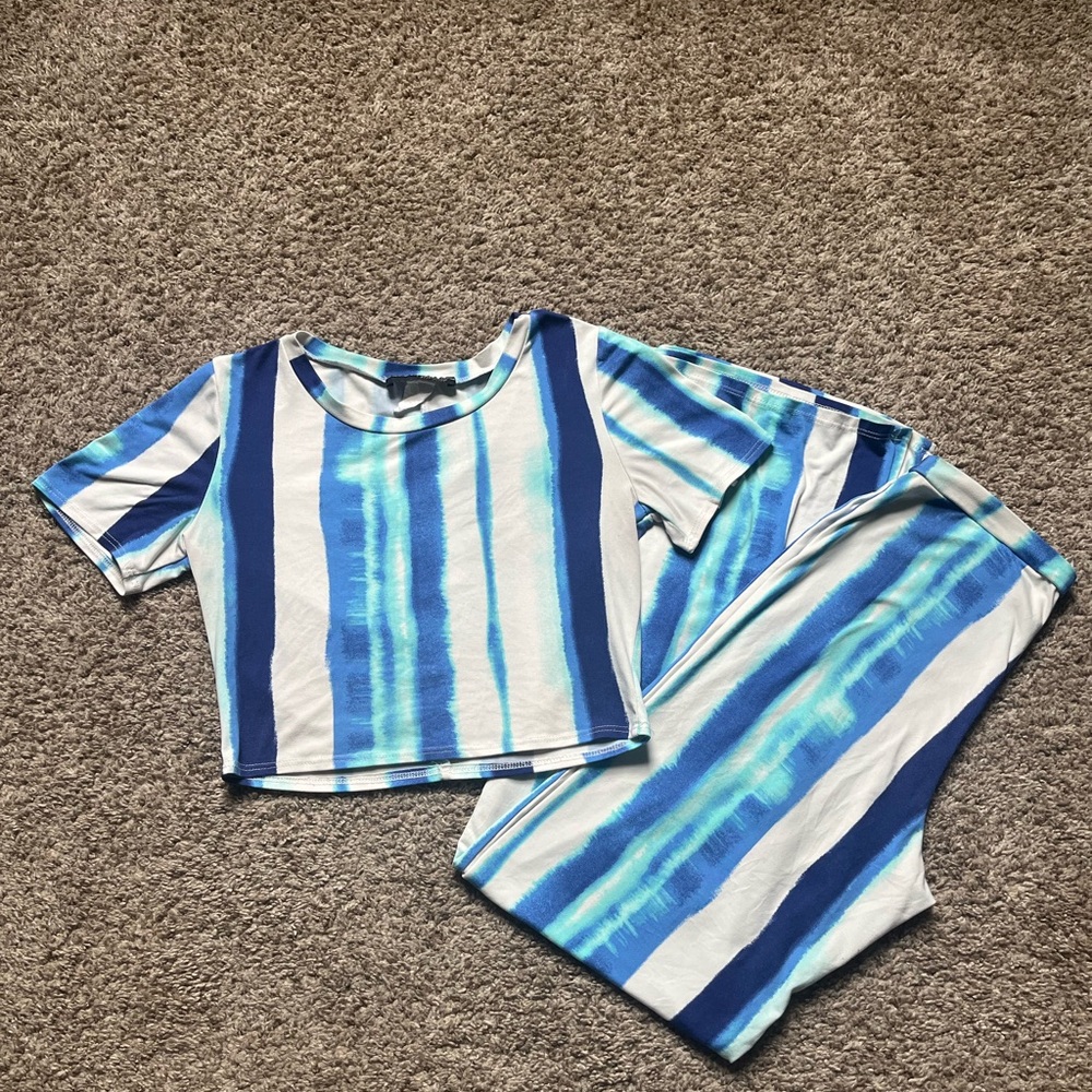 Blue and White Striped Crop Top and Pants Set